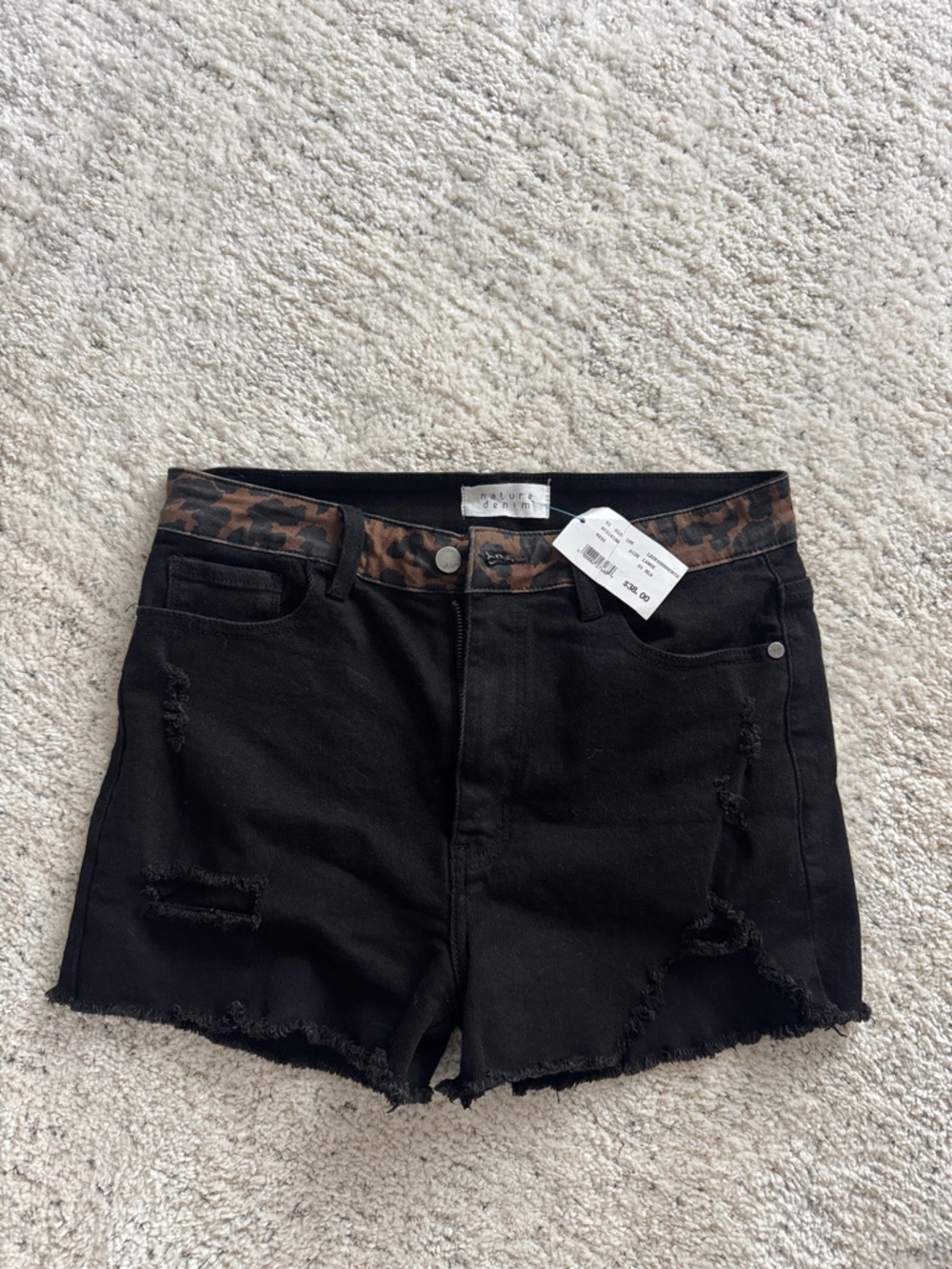 Distressed Black Women's Shorts with Leopard Waistband
